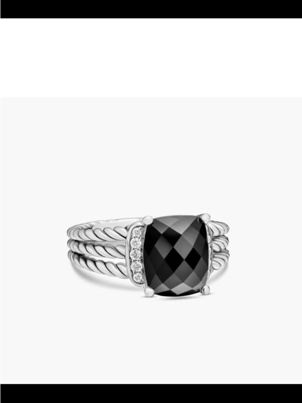Size 5 David Yurman Silver Ring with Black Cushion Stone and Accent Crystals